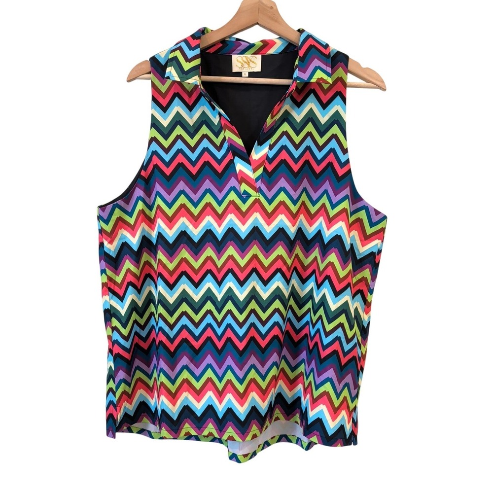 SSYS The Label Womens XL Sleeveless Chevron Zigzag Split V-Neck Lined Top Multi